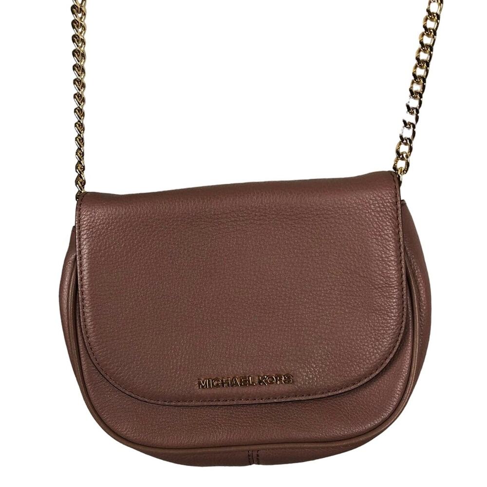 Michael Kors Brown Pebbled Leather Flap Crossbody Bag Gold Chain
